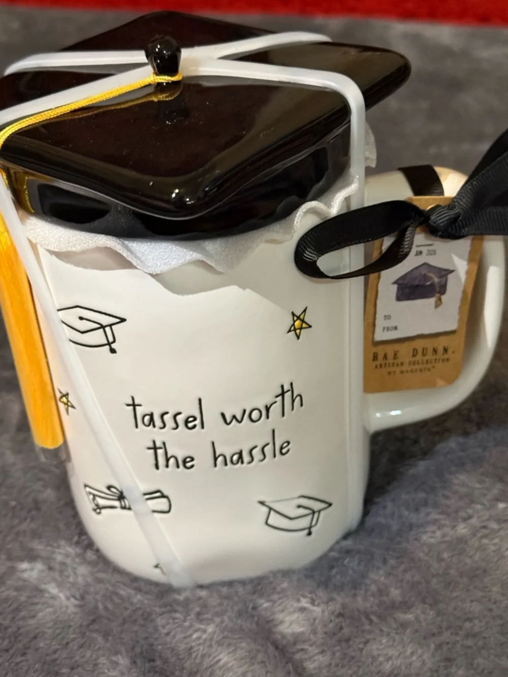 Rae Dunn white ceramic graduation mug with black cap lid and yellow tassel - Picture 1 of 7